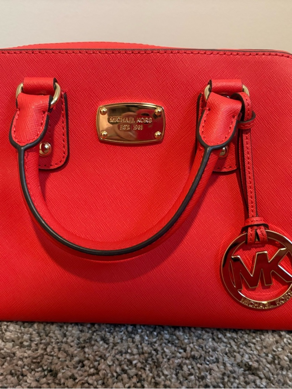 Michael Kors Reddish Orange Saffiano Satchel with Gold Accents